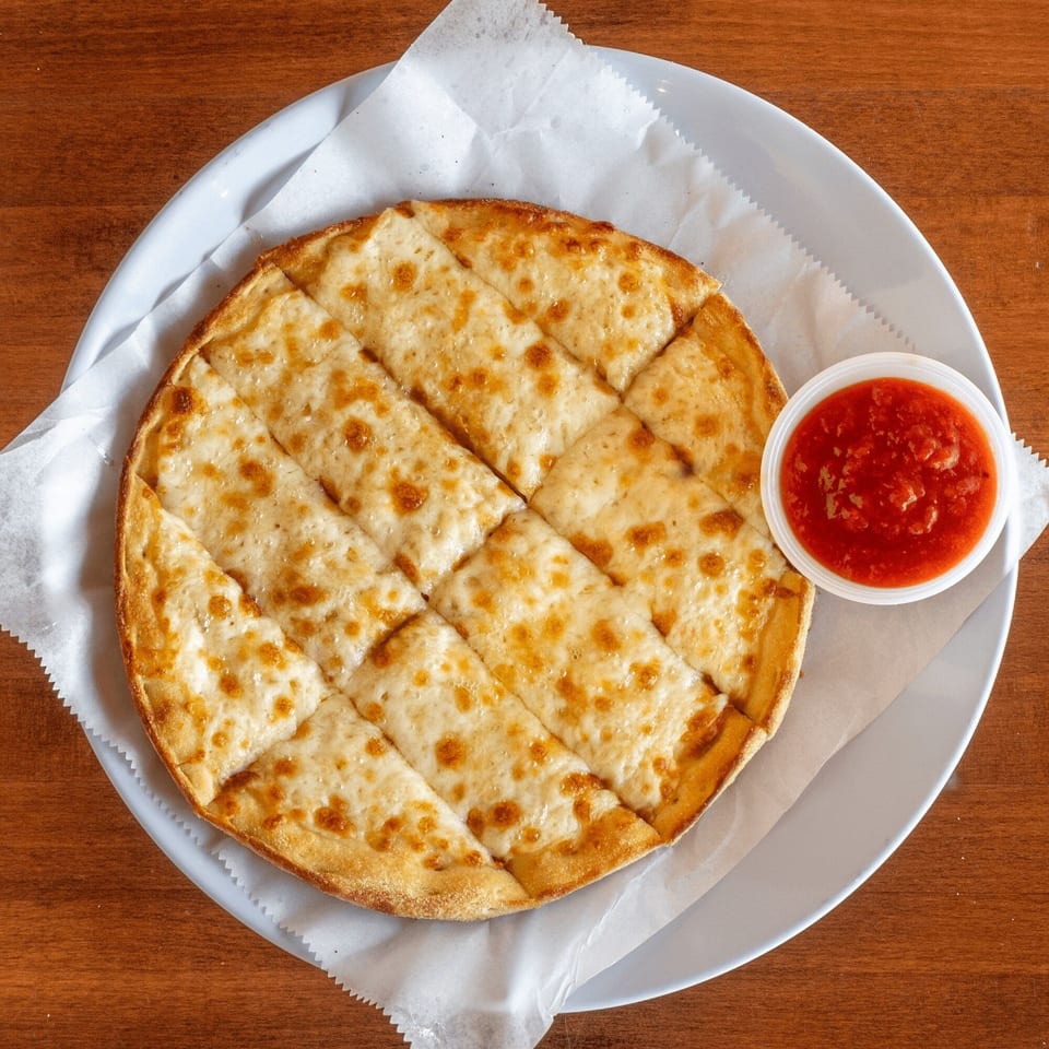 Stone Hot Pizza's cheesy breadsticks, cut into squares, with a side of marinara sauce.